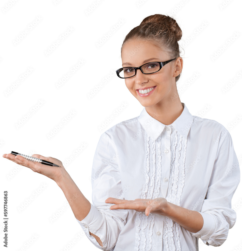 Wall mural Portrait of young businesswoman in suit isolated on white