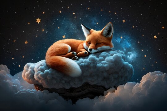 A cute fox sleeping on a cloud and sky filled with stars. Generative AI