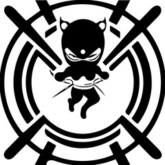 Ninja warrior mascot logo in black and white, vector illustration of a martial artist 