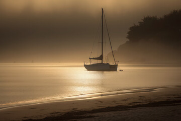 at sunset sailboat, yacht on the sea, ocean or lake. dawn in the haze of fog. ai generative.