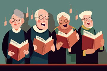 Seniors with books harmonize in the church choir. Old seniors with textbooks perform on stage. Music, Lecture. Vector graphic - obrazy, fototapety, plakaty