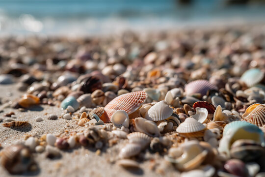 a lot of shells on the sea or ocean. resort shore beach, sun and water. ai generative