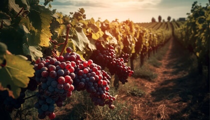 Grape field growing for wine. Red grapes close-up,Vineyard hills. Summer scenery with wineyard rows in Italy Tuscany