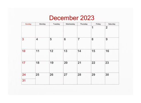The December 2023 Calendar page for 2023 year isolated on white background, Save clipping path.