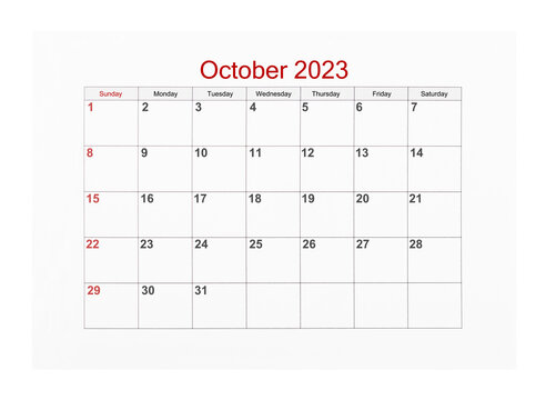 The October 2023 Calendar page for 2023 year isolated on white background, Save clipping path.