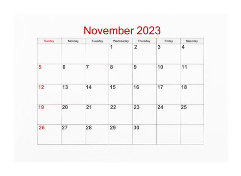 The November 2023 Calendar page for 2023 year isolated on white background, Save clipping path.