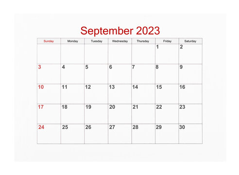 The September 2023 Calendar page for 2023 year isolated on white background, Save clipping path.