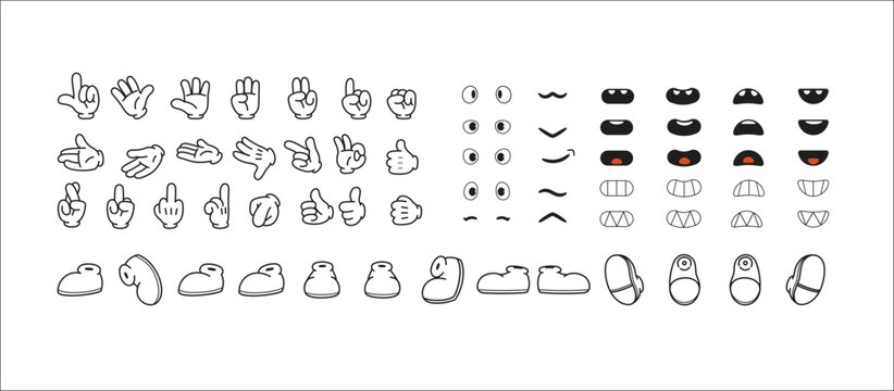 Compilation of eyes, mouth, hand and shoes. Cartoon Character elements.