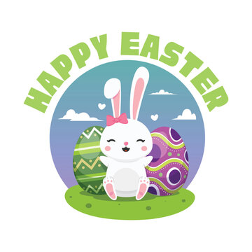 An illustration of a rabbit in front of egg. Happy Easter Label.