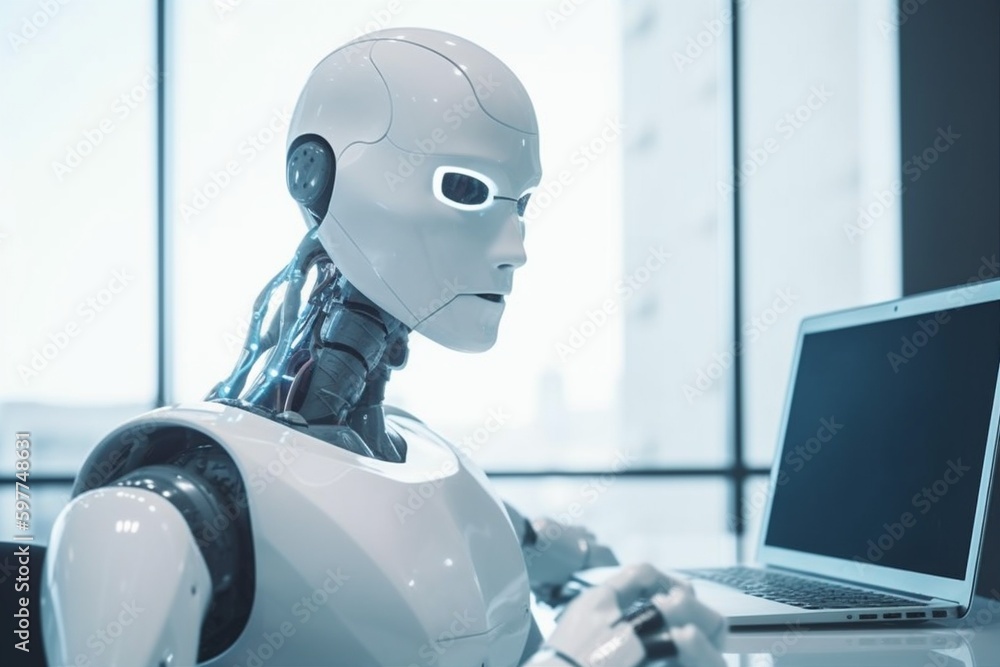 Poster ai artificial robot digital hand office document paper technology laptop. generative ai.