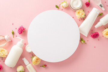 Elevate your natural skincare routine with this stunning top view flat lay of pump bottles, pipettes, cream bottles, and roses on a pastel pink background. The empty circle is perfect for branding