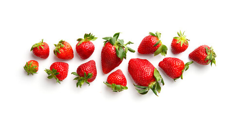Ripe strawberries isolated on white background top view.