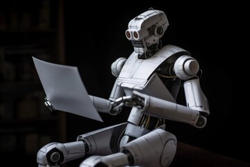 Obraz premium technology office artificial laptop robot ai digital document hand paper. Generative AI.