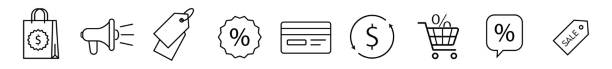 Fototapeta premium Online sales icons set or collection isolated on tranperent background. Shopping cart, credit card, discount tag coupon.