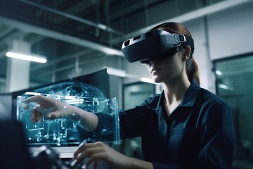 A dynamic, technologically advanced factory, workers utilizing VR headsets and AR technology, creating an efficient and futuristic workplace