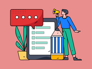 Invite friends to conduct questionnaire survey flat vector concept operation hand drawn illustration
