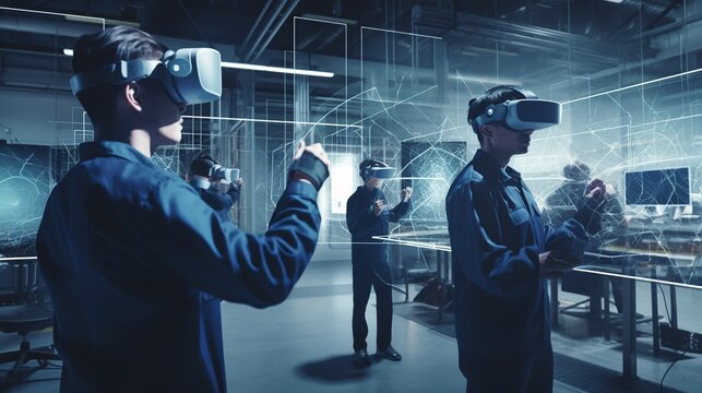 A Dynamic, Technologically Advanced Factory, Workers Utilizing VR Headsets And AR Technology, Creating An Efficient And Futuristic Workplace