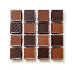Milky and dark square chocolates. Isolated on white background.