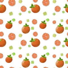 Pattern with oranges. Orange fruits. Tangerines. Juicy and tasty. Summer food. Orchard. A bountiful harvest.