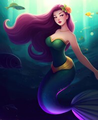 A beautiful asian mermaid in the underwater world. Fantasy woman. Banner for oceans day, created with generative ai
