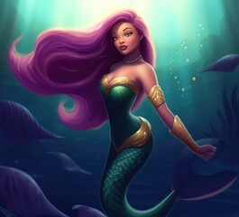Obraz na płótnie Canvas A beautiful black mermaid in the underwater world. Fantasy woman. Banner for oceans day, created with generative ai