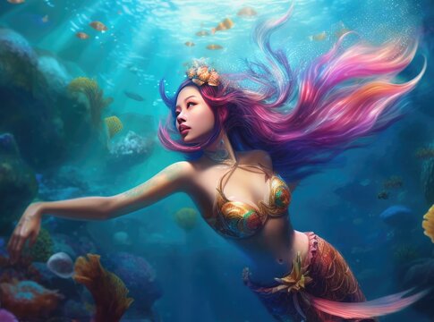A beautiful asian mermaid in the underwater world. Fantasy woman. Banner for oceans day, created with generative ai