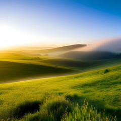 Mystical meadow with rolling hills and a misty atmosphere generated with AI.
