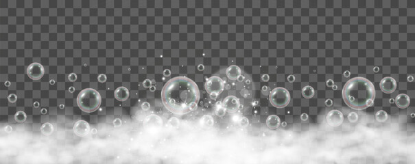 Air bubbles on a transparent background. Soap foam vector illustration.	

