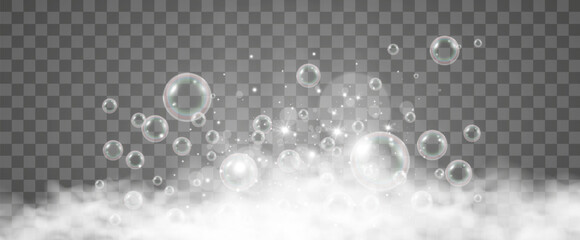 Air bubbles on a transparent background. Soap foam vector illustration.	

