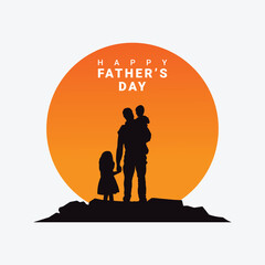 Happy Father's Day and silhouette of father and son on background with sun and sky. Dad and child at sunset.