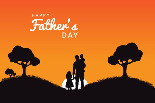 Happy Father's Day and silhouette of father and son on background of adventure landscape with mountains, forest, sun and sky. Dad and child in nature at sunset.