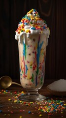 Birthday Cake Milkshake with Rainbow Sprinkles and Whipped Cream. Generative AI.