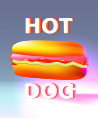 hot dog on a blue background, for menus, advertising. Bright neon poster with a hot dog 