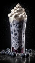 Blueberry Milkshake with Fresh Blueberries and Whipped Cream. Generative AI.
