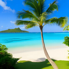 Tropical paradise with palm trees and a sandy beach with a small island generated with AI.