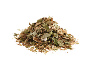 Pile of dried angelica herb (Angelica archangelica), isolated on white background