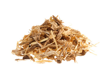 Pile of dried angelica root (Angelica archangelica), isolated on white background