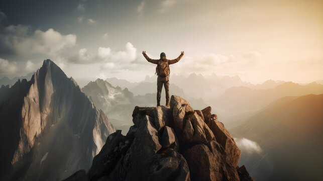 inspiring image of a person who arrive at the top of a mountain representing the success of a goal