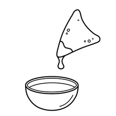 Nachos with cheese sauce. Traditional Mexican appetizer. Corn tortilla chips. Doodle sketch style. Vector illustration isolated on white background.