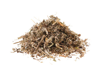 Pile of dried labdanum (Cistus), isolated on white background