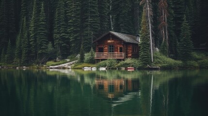 Fototapeta premium Peaceful Lake Cabin, Captured Moment Aesthetic, Rich Emerald and Earthy Brown Hues, Calming Hideaway, Stock Photography. Generative ai illustration