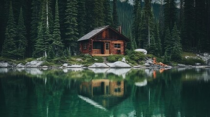 Peaceful Lake Cabin, Captured Moment Aesthetic, Rich Emerald and Earthy Brown Hues, Calming Hideaway, Stock Photography. Generative ai illustration