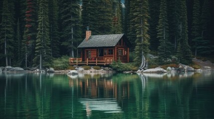 Peaceful Lake Cabin, Captured Moment Aesthetic, Rich Emerald and Earthy Brown Hues, Calming Hideaway, Stock Photography. Generative ai illustration