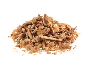 Pile of cut pieces of Palo Santo (Bursera graveolens), known as holy wood, isolated on white background
