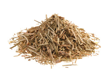 Pile of dried pine needles (Pinus), isolated on white background