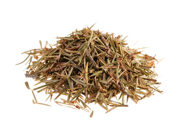 Pile of dried juniper needles and tips (Juniperus communis), isolated on white background