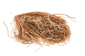 Pile of dried vetiver root (Vetiveria zizanioides), isolated on white background - obrazy, fototapety, plakaty