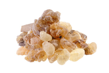 Pile of frankincense from Oman (Boswellia sacra), a tree resin, isolated on white background - obrazy, fototapety, plakaty