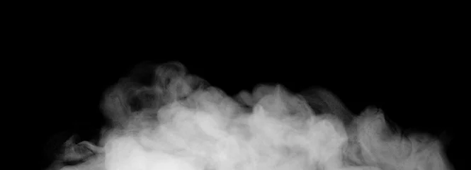 Poster Fragments of abstract white smoke isolated on black background. steam cloud close up © Илья Подопригоров