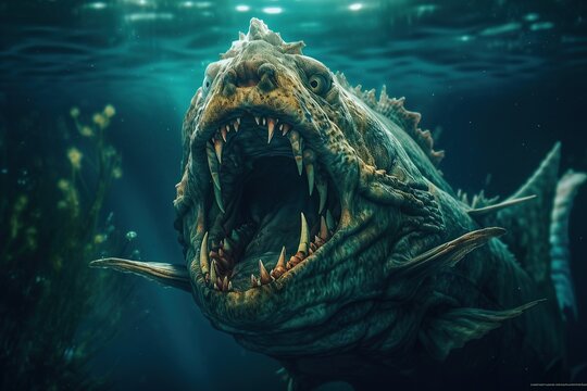 Monster fish. A large monster fish with an open mouth and large teeth, living in the depths of the ocean. Fantastic Fish. Generative AI